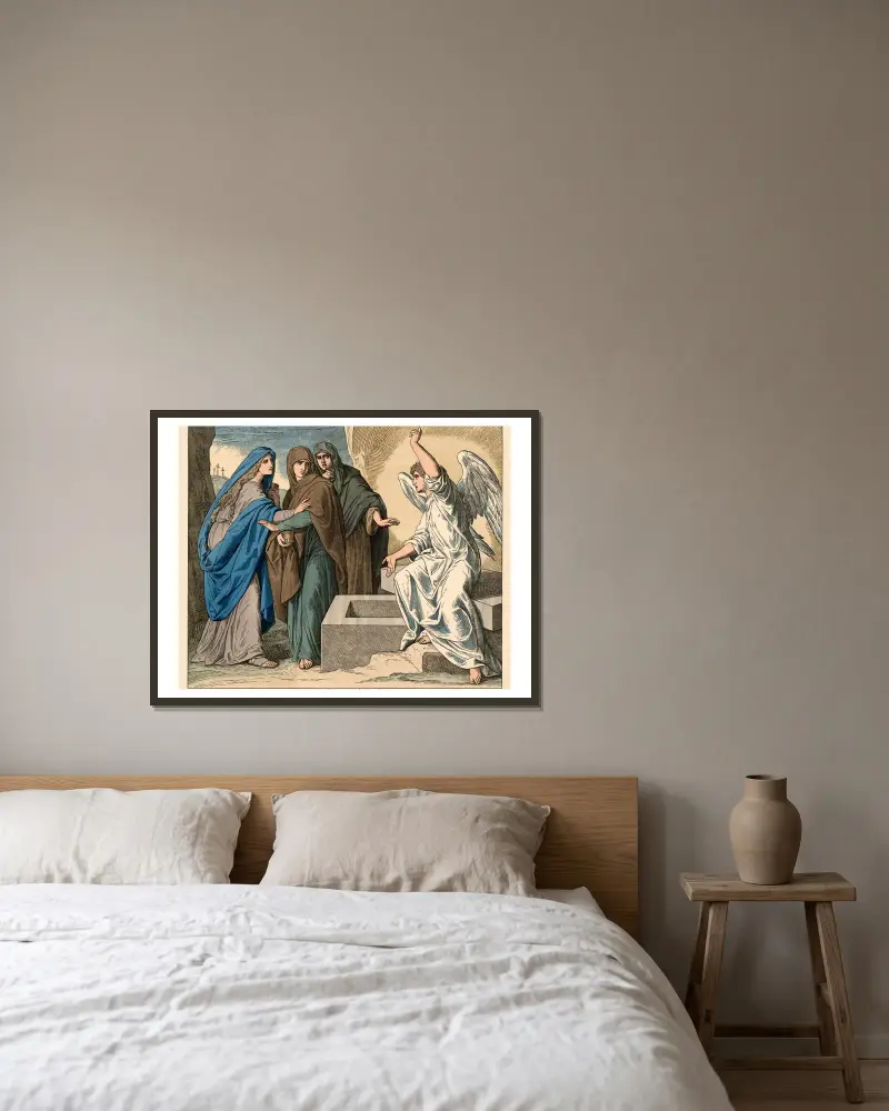 Die Frauen am Grabe Jesu (An angel declareth the resurrection of Christ) av Julius Schnorr von Carolsfeld inramad på en vägg
