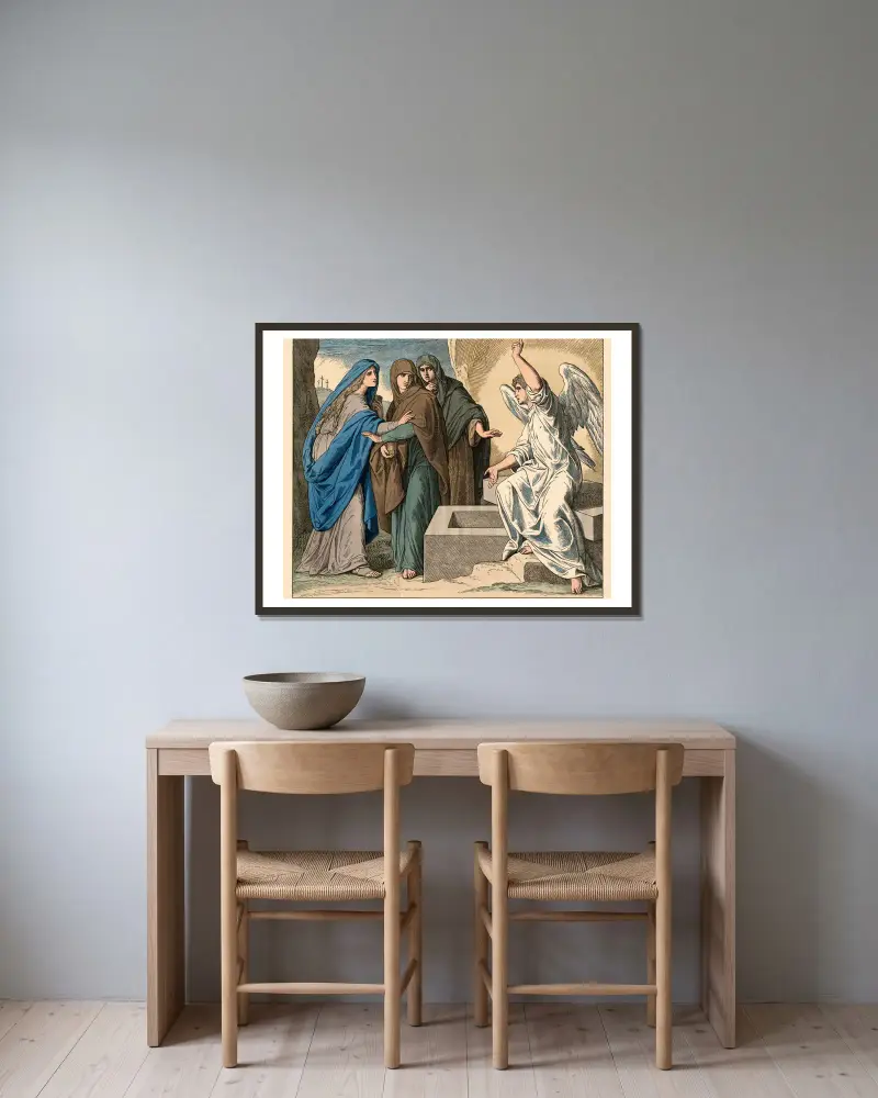 Die Frauen am Grabe Jesu (An angel declareth the resurrection of Christ) av Julius Schnorr von Carolsfeld inramad på en vägg