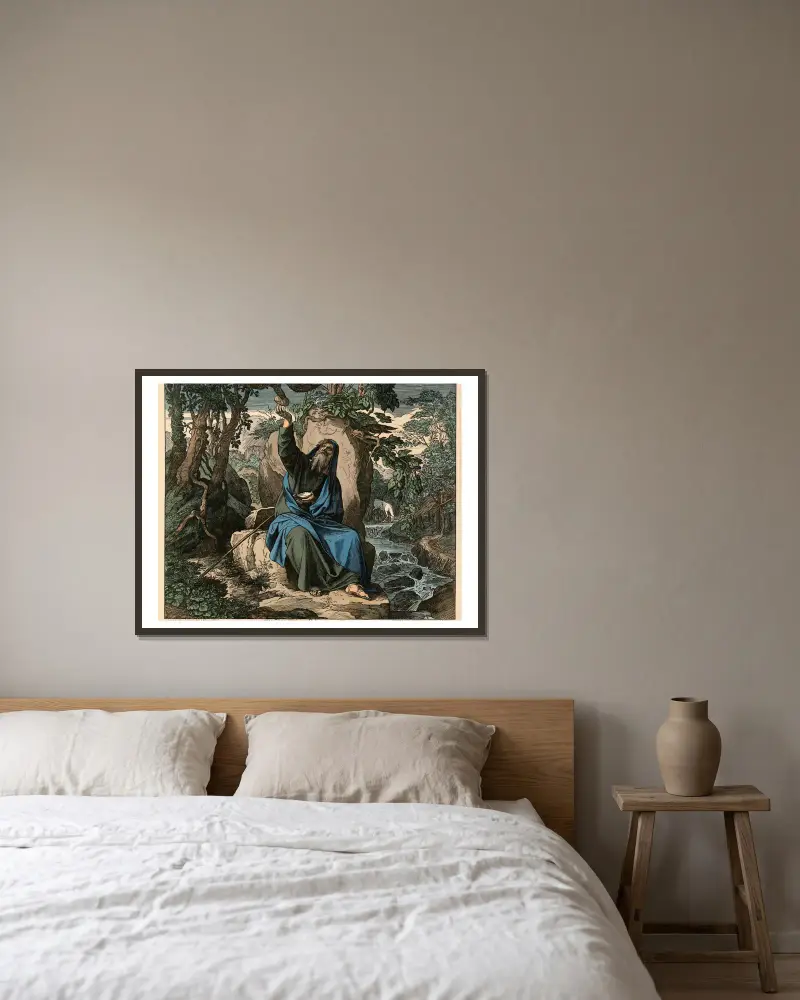 Elias wird von Raben gespeist (Elijah is fed by ravens) av Julius Schnorr von Carolsfeld inramad på en vägg