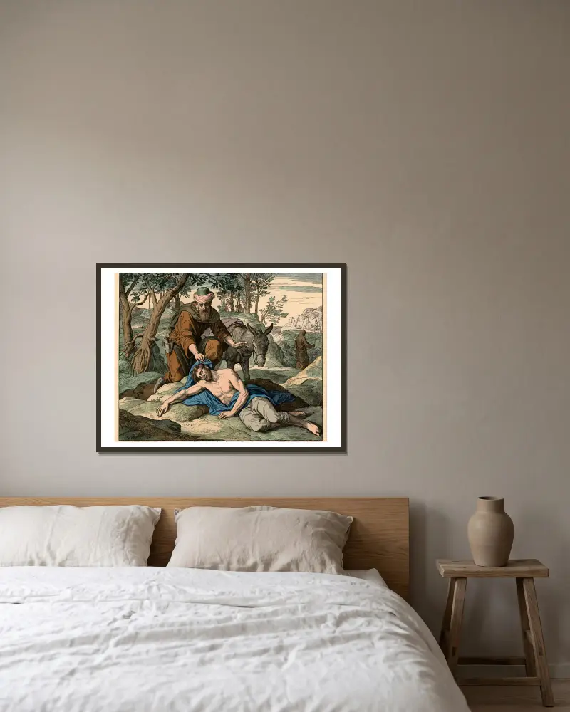Gleichnis vom barmherzigen Samariter (The Parable of the Good Samaritan) av Julius Schnorr von Carolsfeld inramad på en vägg