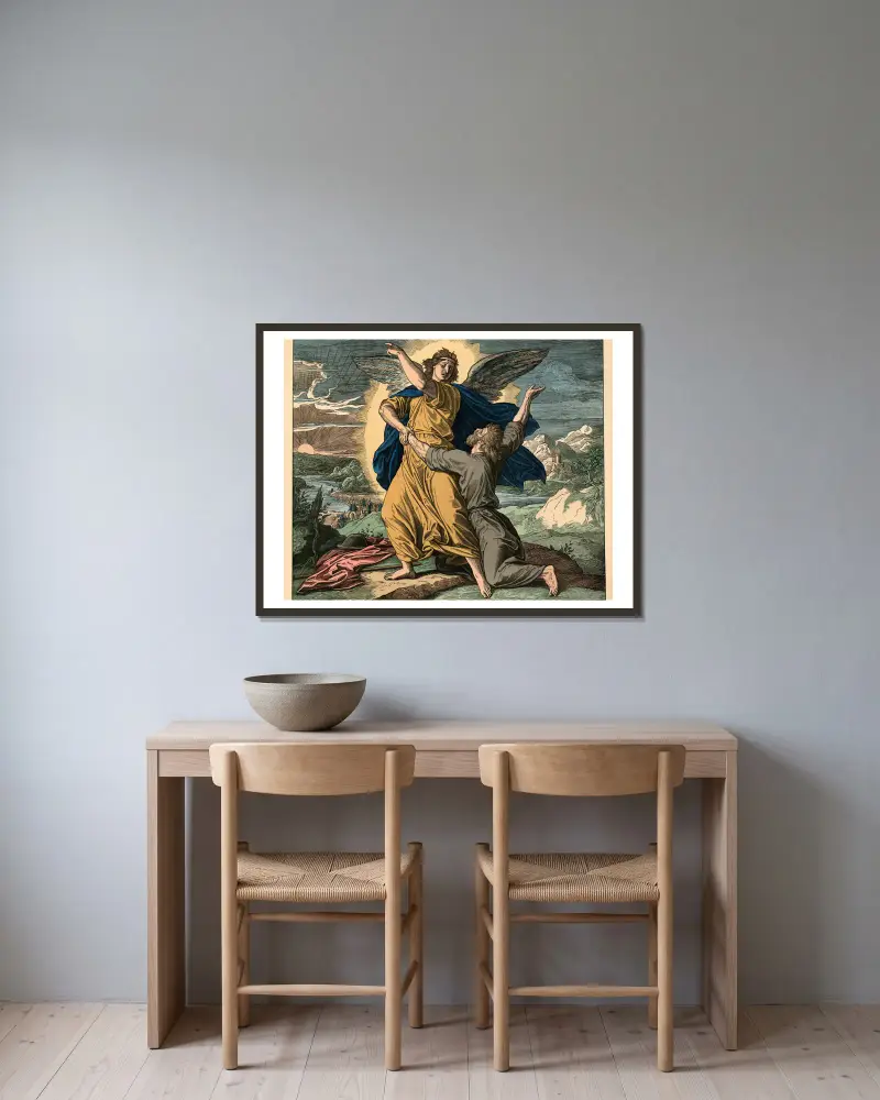 Jakob brottas med Guds ängel av Julius Schnorr von Carolsfeld inramad på en vägg