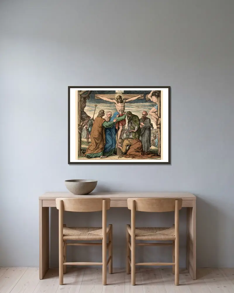 Jesu Tod am Kreuze (The crucifixion of Christ) av Julius Schnorr von Carolsfeld inramad på en vägg