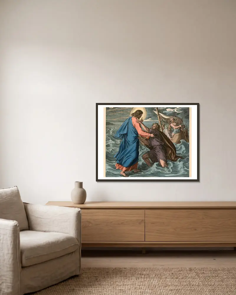 Jesus heilt den sinkenden Petrus über dem Meere av Julius Schnorr von Carolsfeld inramad på en vägg
