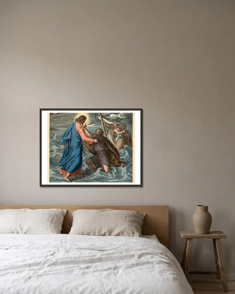 Jesus heilt den sinkenden Petrus über dem Meere av Julius Schnorr von Carolsfeld inramad på en vägg