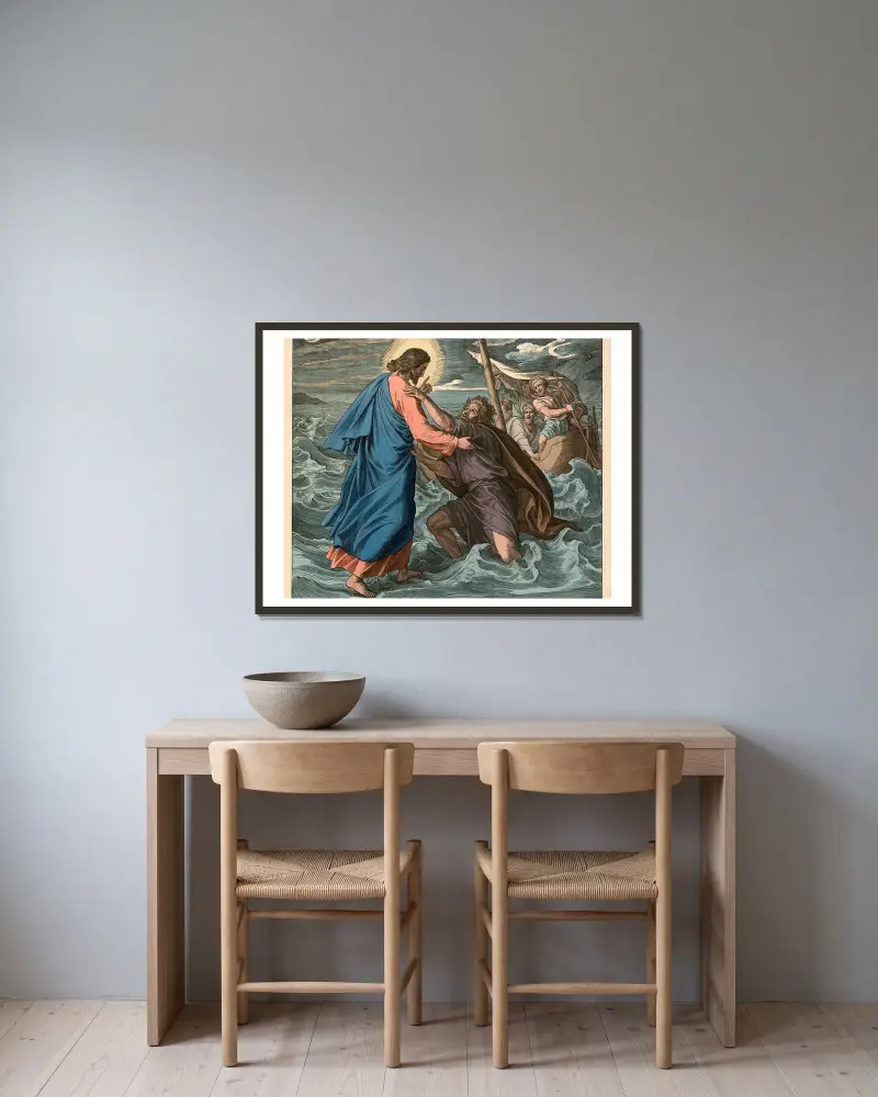 Jesus heilt den sinkenden Petrus über dem Meere av Julius Schnorr von Carolsfeld inramad på en vägg