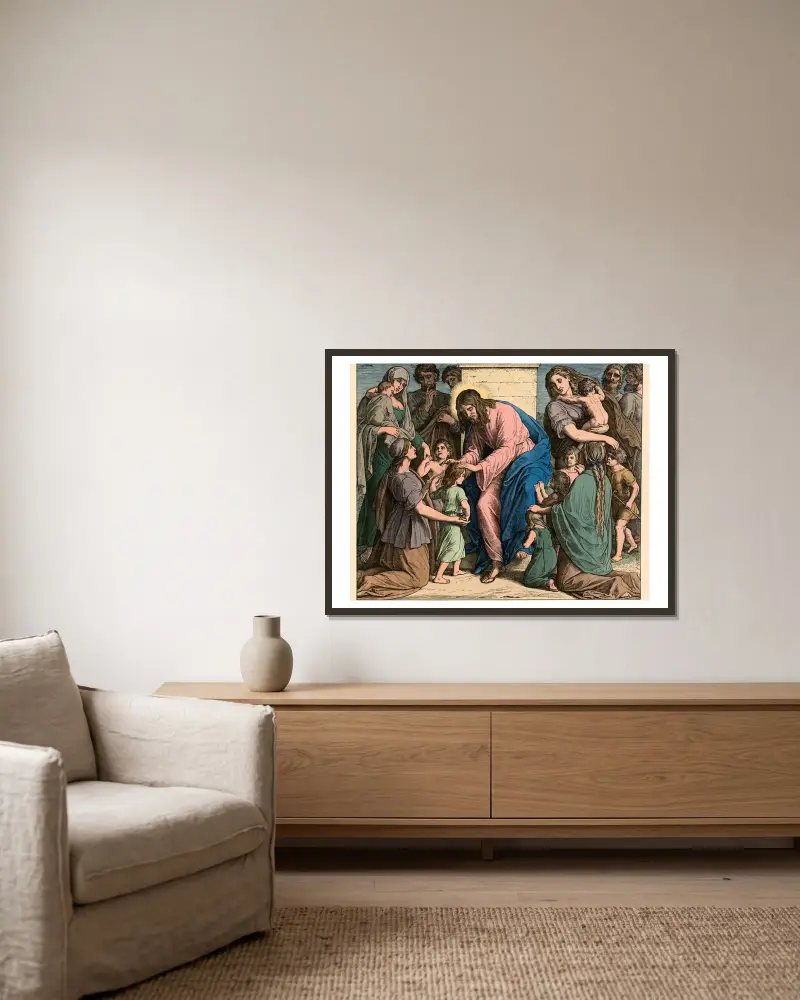 Jesus ruft die Kindlein zu sich (Jesus calls the children to him) av Julius Schnorr von Carolsfeld inramad på en vägg
