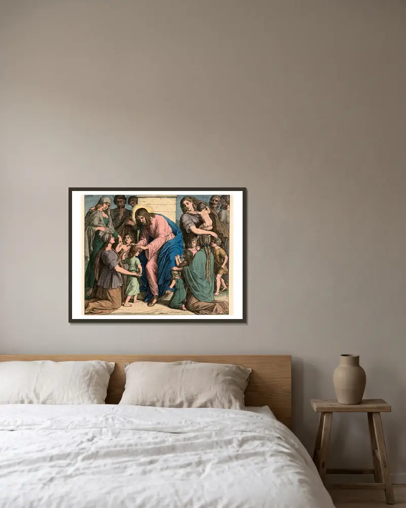 Jesus ruft die Kindlein zu sich (Jesus calls the children to him) av Julius Schnorr von Carolsfeld inramad på en vägg