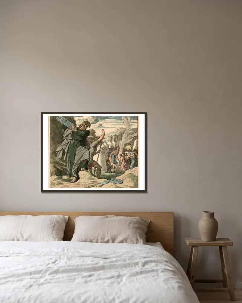 Moses zertrümmert die Gesetztafeln (Moses smashes the tablets of the law) av Julius Schnorr von Carolsfeld inramad på en vägg