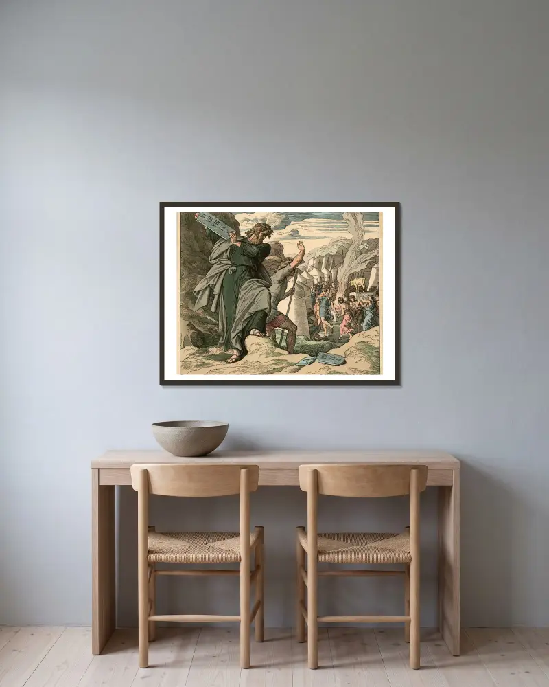 Moses zertrümmert die Gesetztafeln (Moses smashes the tablets of the law) av Julius Schnorr von Carolsfeld inramad på en vägg
