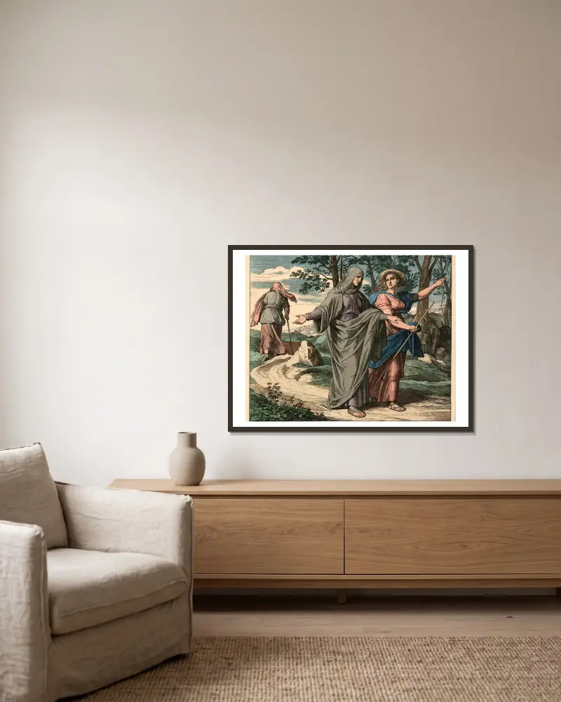 Ruth ziehet mit Naemi nach Bethlehem (Ruth following Naomi to Bethlehem) av Julius Schnorr von Carolsfeld inramad på en vägg