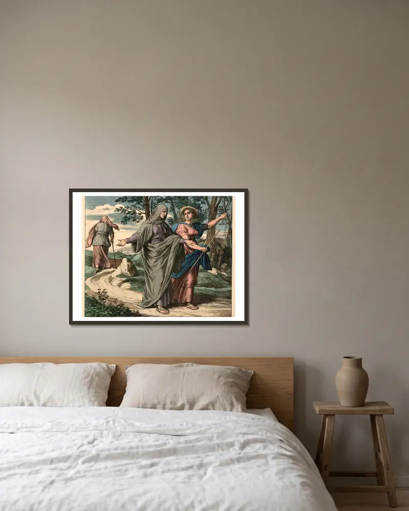 Ruth ziehet mit Naemi nach Bethlehem (Ruth following Naomi to Bethlehem) av Julius Schnorr von Carolsfeld inramad på en vägg