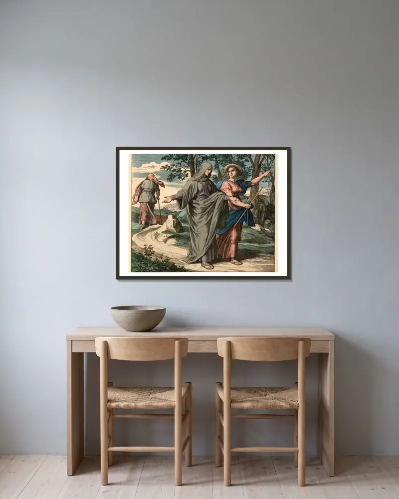 Ruth ziehet mit Naemi nach Bethlehem (Ruth following Naomi to Bethlehem) av Julius Schnorr von Carolsfeld inramad på en vägg