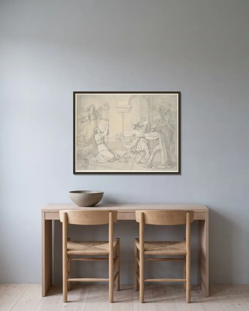 Szene im Kerker von Peter von Cornelius gerahmt an einer Wand