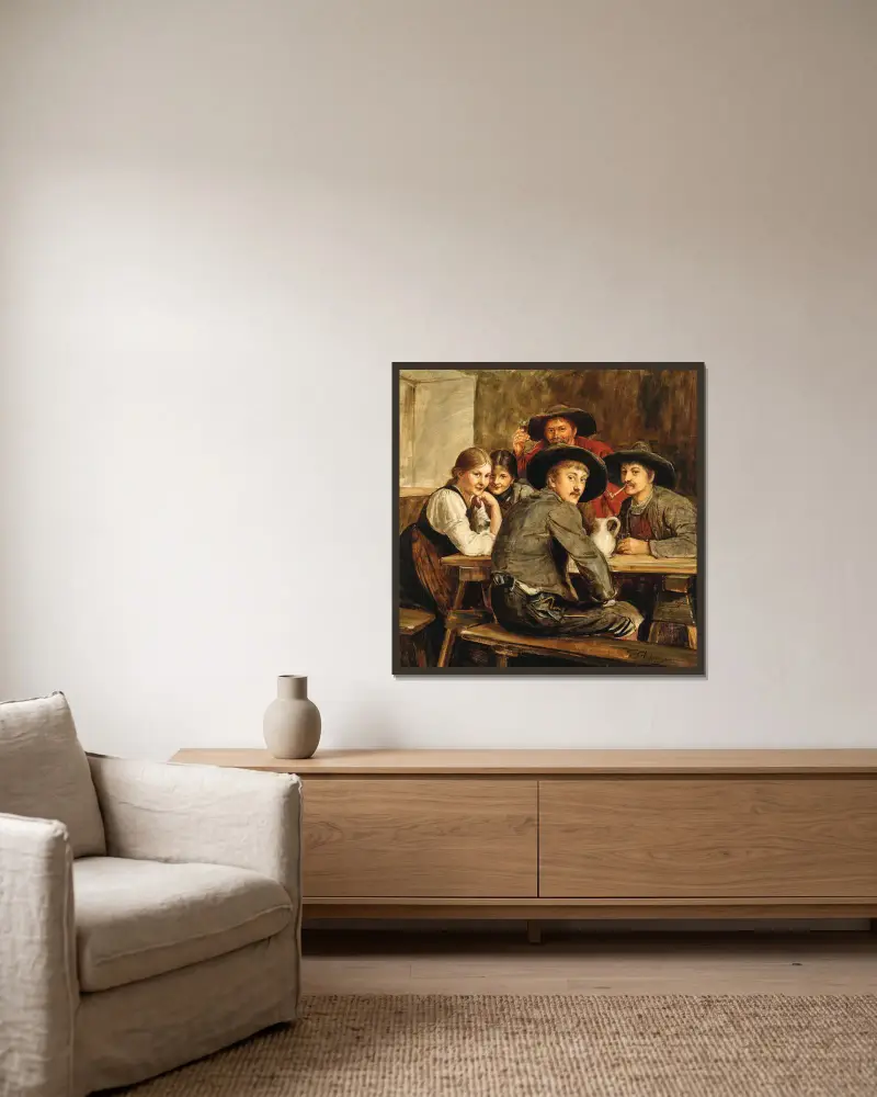Ein fröhliches Beisammensein von Franz von Defregger gerahmt an einer Wand
