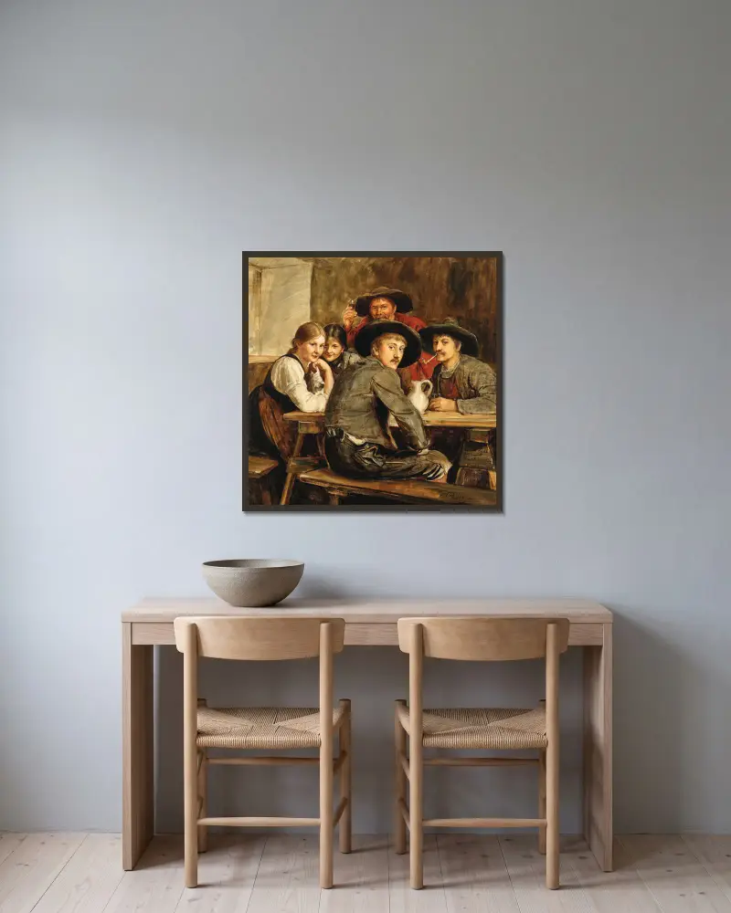 Ein fröhliches Beisammensein von Franz von Defregger gerahmt an einer Wand