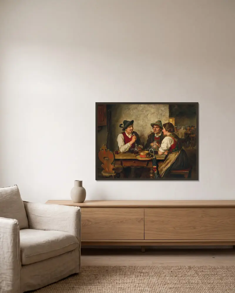 Eine Szene in einer Taverne von Franz von Defregger gerahmt an einer Wand