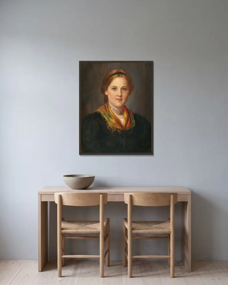 Ung tyrolsk flicka i traditionell dräkt av Franz von Defregger inramad på en vägg