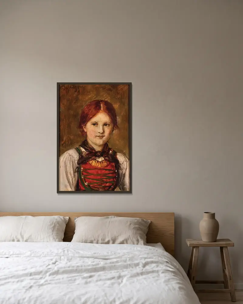 Ung flicka i folkdräkt av Franz von Defregger inramad på en vägg