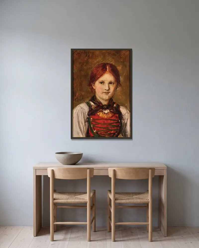 Ung flicka i folkdräkt av Franz von Defregger inramad på en vägg