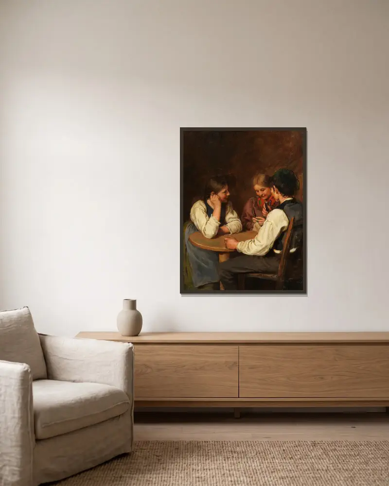 Bäuerliche Genreszene von Franz von Defregger gerahmt an einer Wand
