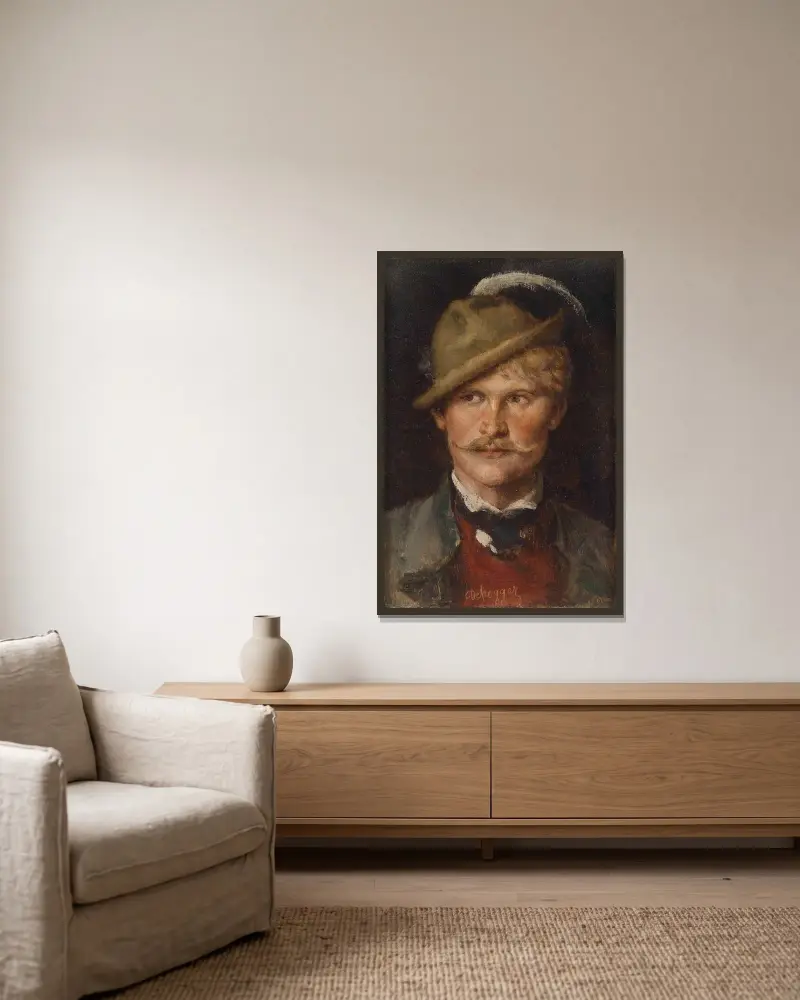 Bondeyngling med hatt av Franz von Defregger inramad på en vägg