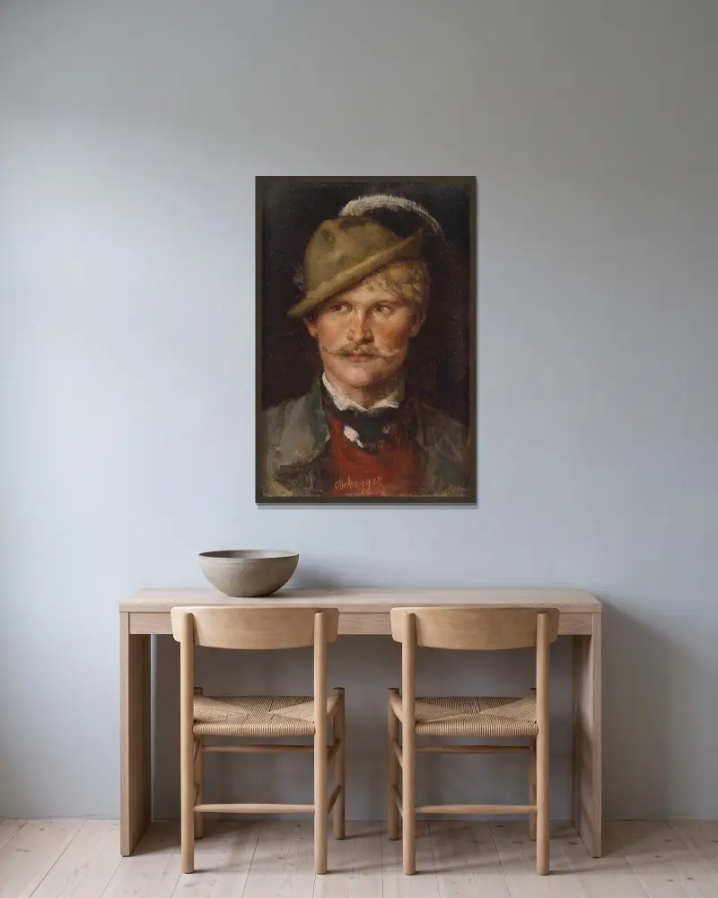 Bondeyngling med hatt av Franz von Defregger inramad på en vägg