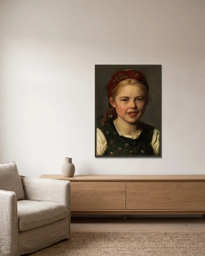 Dirndl med mössa av Franz von Defregger inramad på en vägg