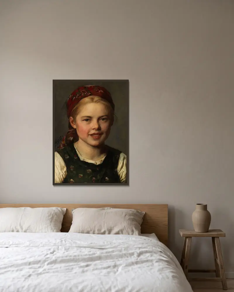 Dirndl med mössa av Franz von Defregger inramad på en vägg