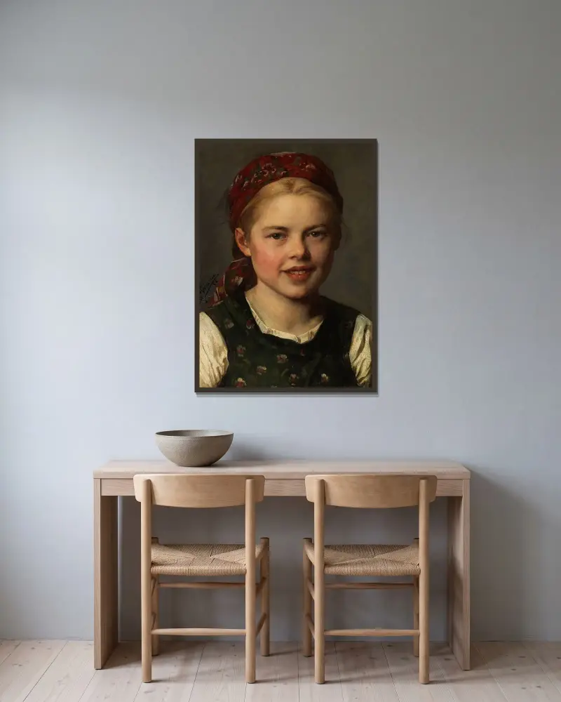 Dirndl med mössa av Franz von Defregger inramad på en vägg