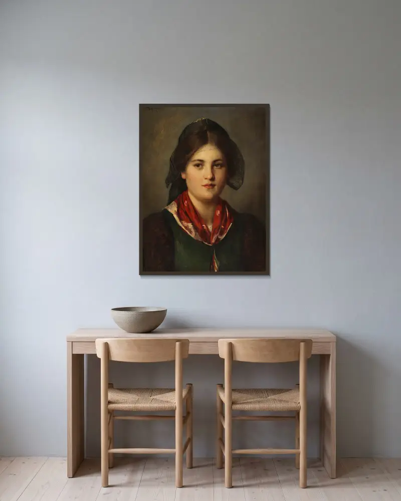 Dirndl w koronkowej czapce, Franz von Defregger w ramie na ścianie