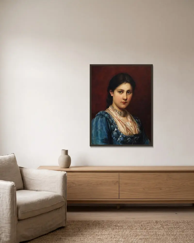 Flicka i dirndl av Franz von Defregger inramad på en vägg
