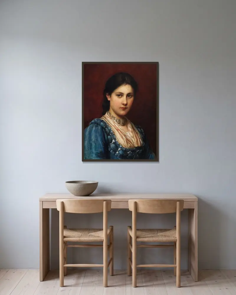 Flicka i dirndl av Franz von Defregger inramad på en vägg