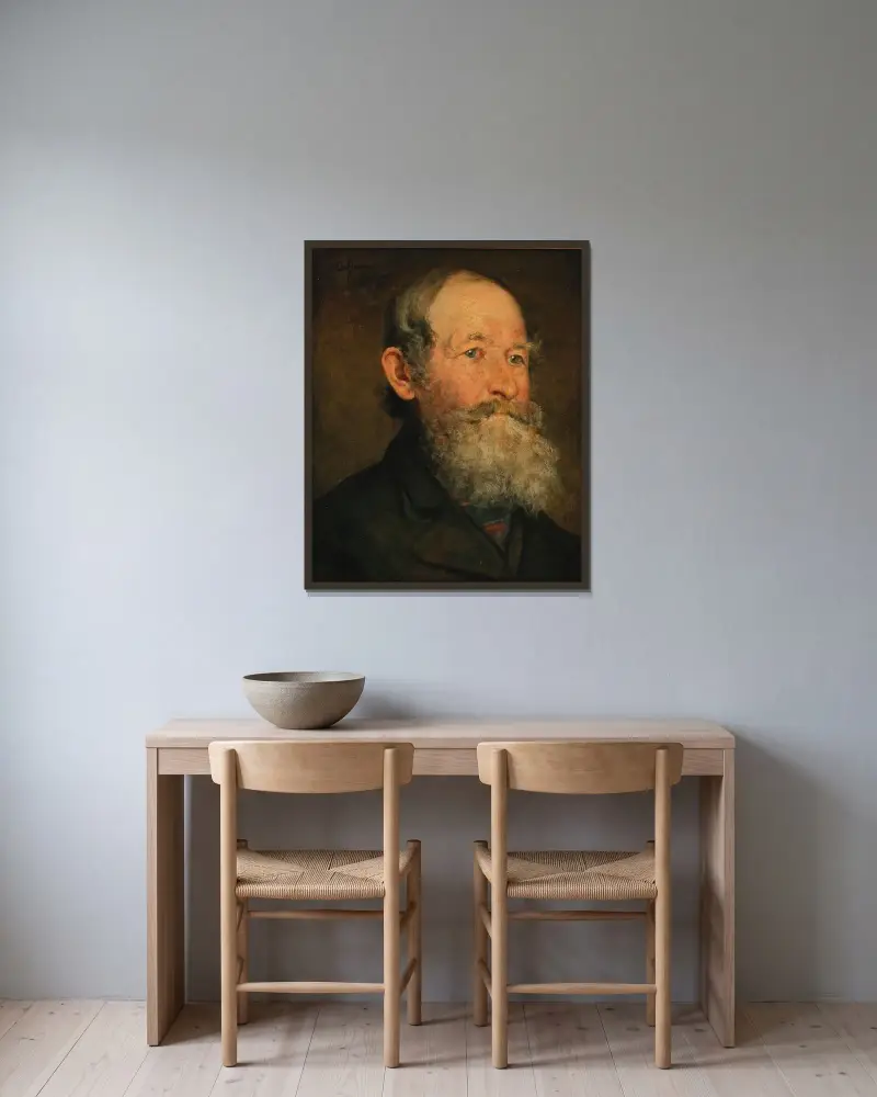 Manshuvud av Franz von Defregger inramad på en vägg