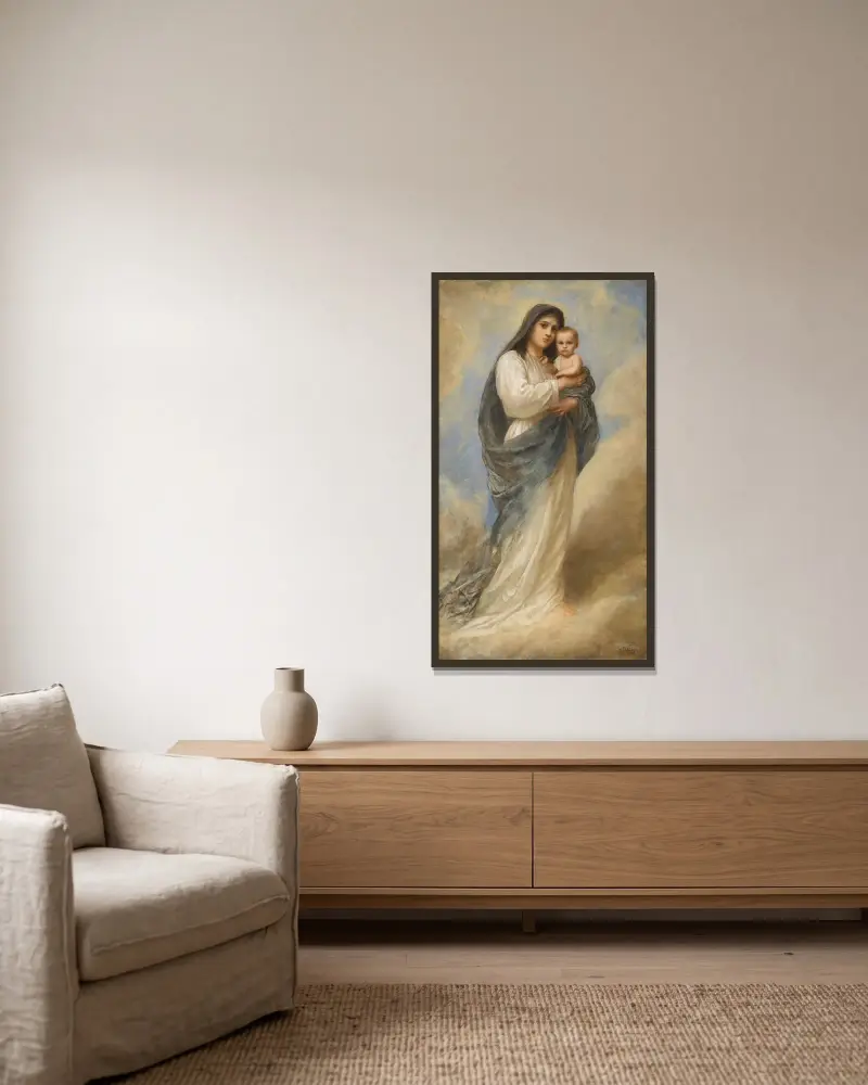 Madonna med barn av Franz von Defregger inramad på en vägg