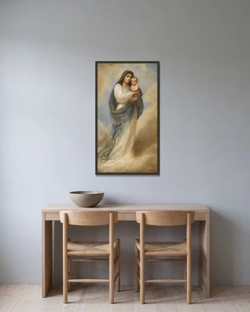 Madonna med barn av Franz von Defregger inramad på en vägg