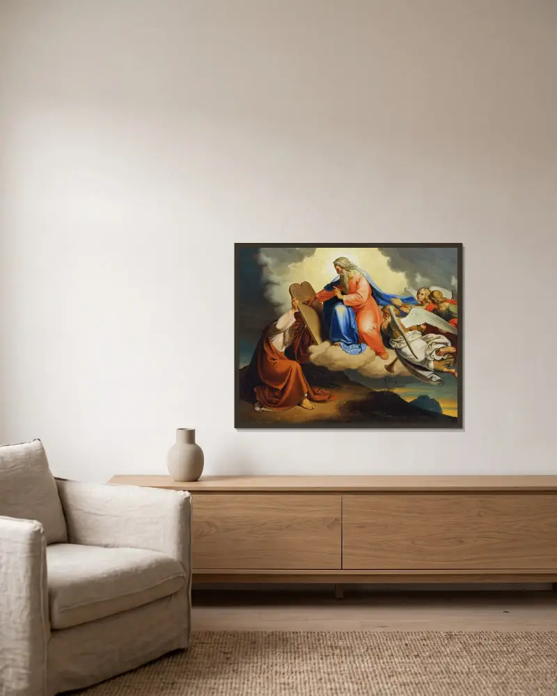 Gud skriver de tio budorden på två stentavlor till Mose på Sinai berg av Joseph von Führich inramad på en vägg