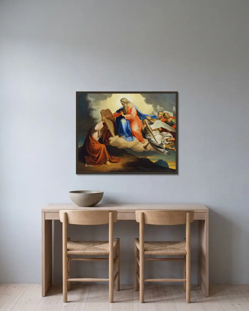 Gud skriver de tio budorden på två stentavlor till Mose på Sinai berg av Joseph von Führich inramad på en vägg