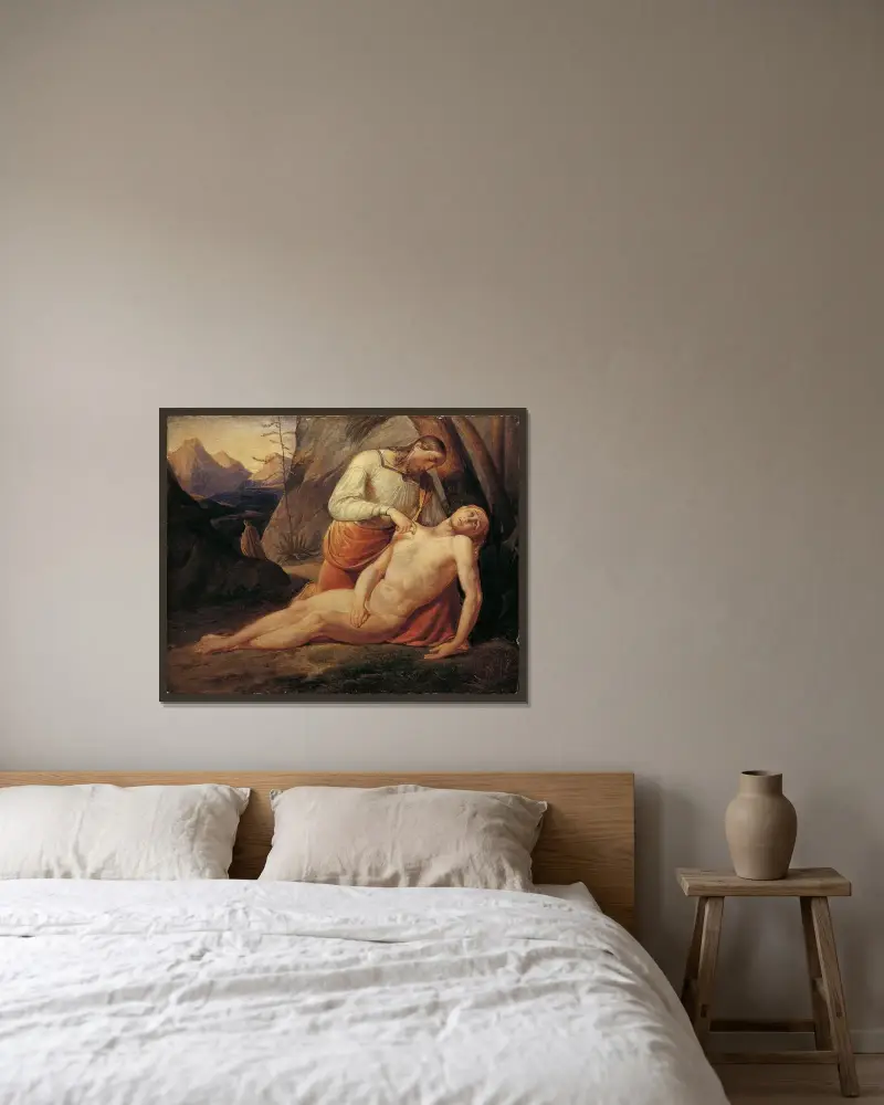 The Good Samaritan av Joseph von Führich inramad på en vägg