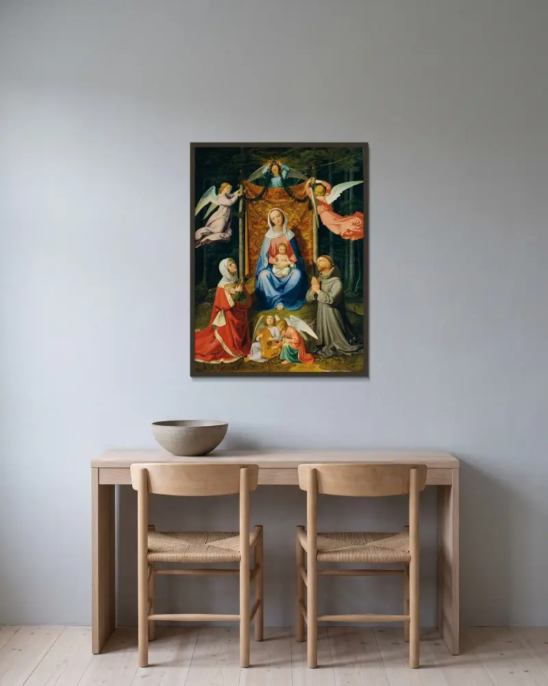 Skogsro (Madonna med barn, heliga Adelheid och heliga Franciskus) av Joseph von Führich inramad på en vägg