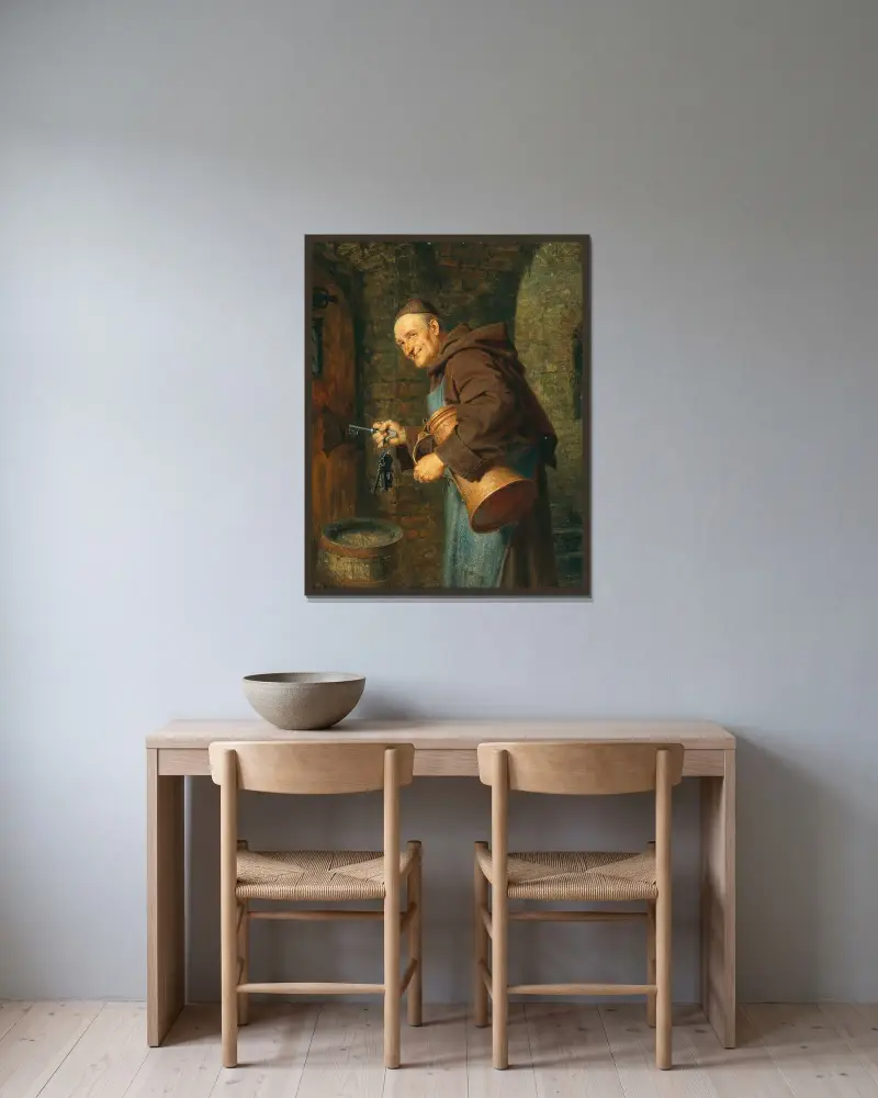 En källarmästare med en knippa nycklar av Eduard von Grützner inramad på en vägg