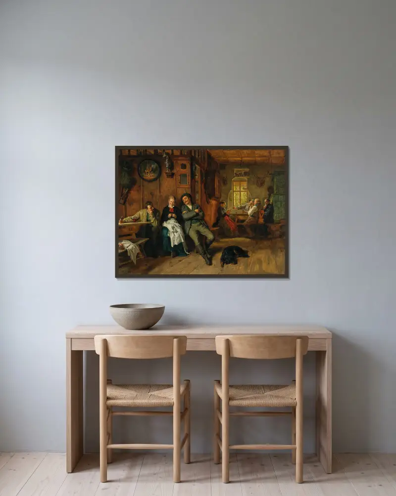 Einfädeln von Eduard von Grützner gerahmt an einer Wand