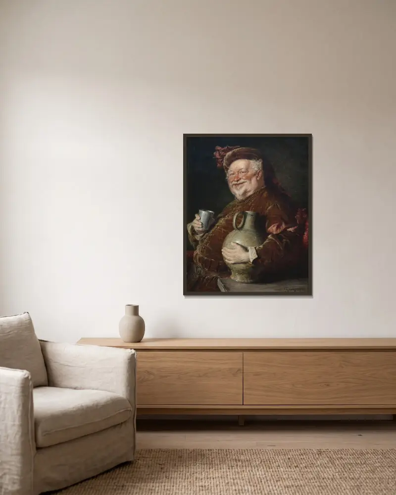 Falstaff vid bordet med vinkanna och tenntorn av Eduard von Grützner inramad på en vägg