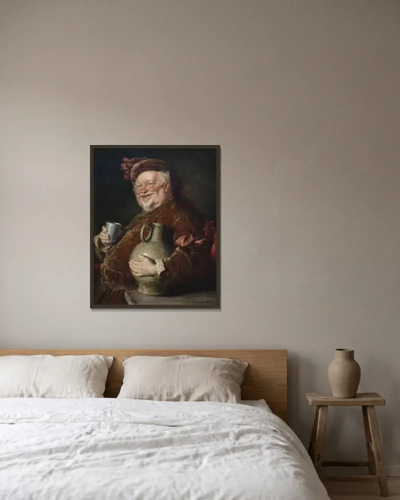 Falstaff vid bordet med vinkanna och tenntorn av Eduard von Grützner inramad på en vägg