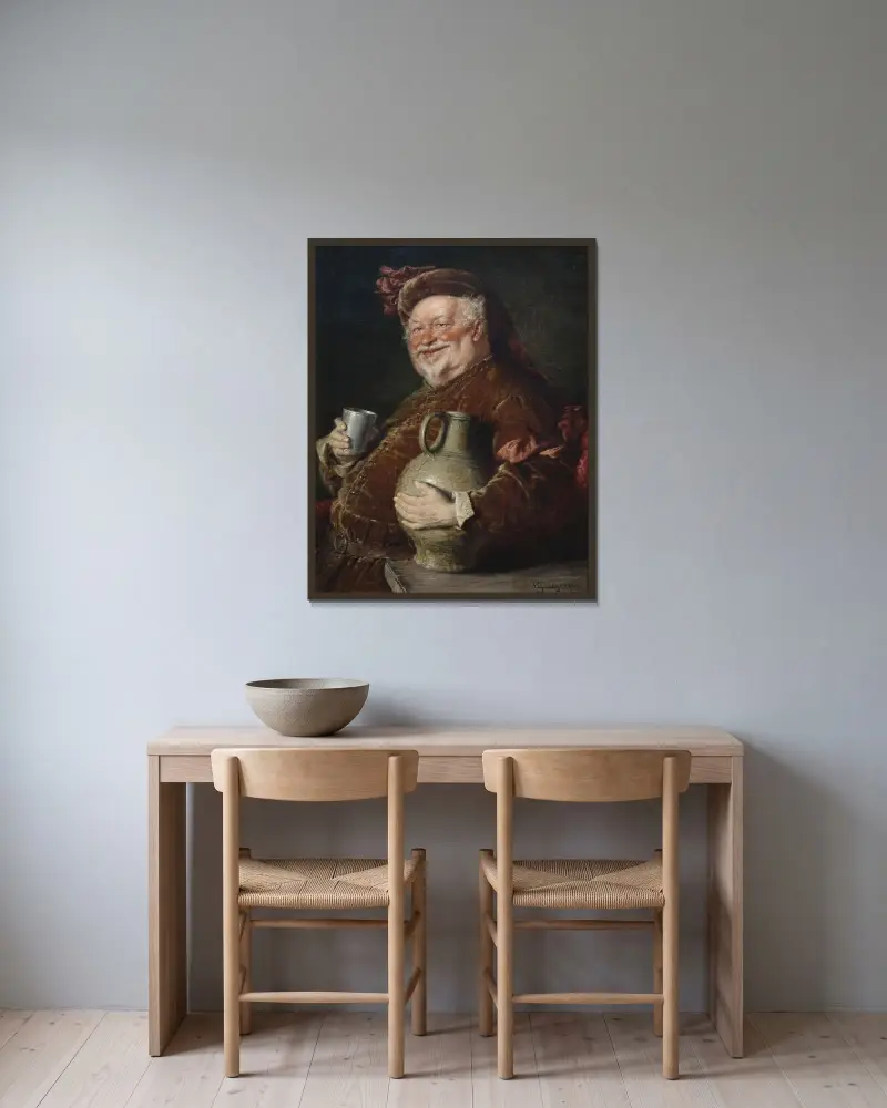 Falstaff vid bordet med vinkanna och tenntorn av Eduard von Grützner inramad på en vägg