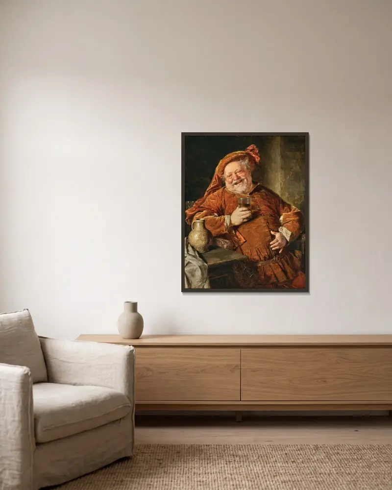 Falstaff med kanna och glas av Eduard von Grützner inramad på en vägg