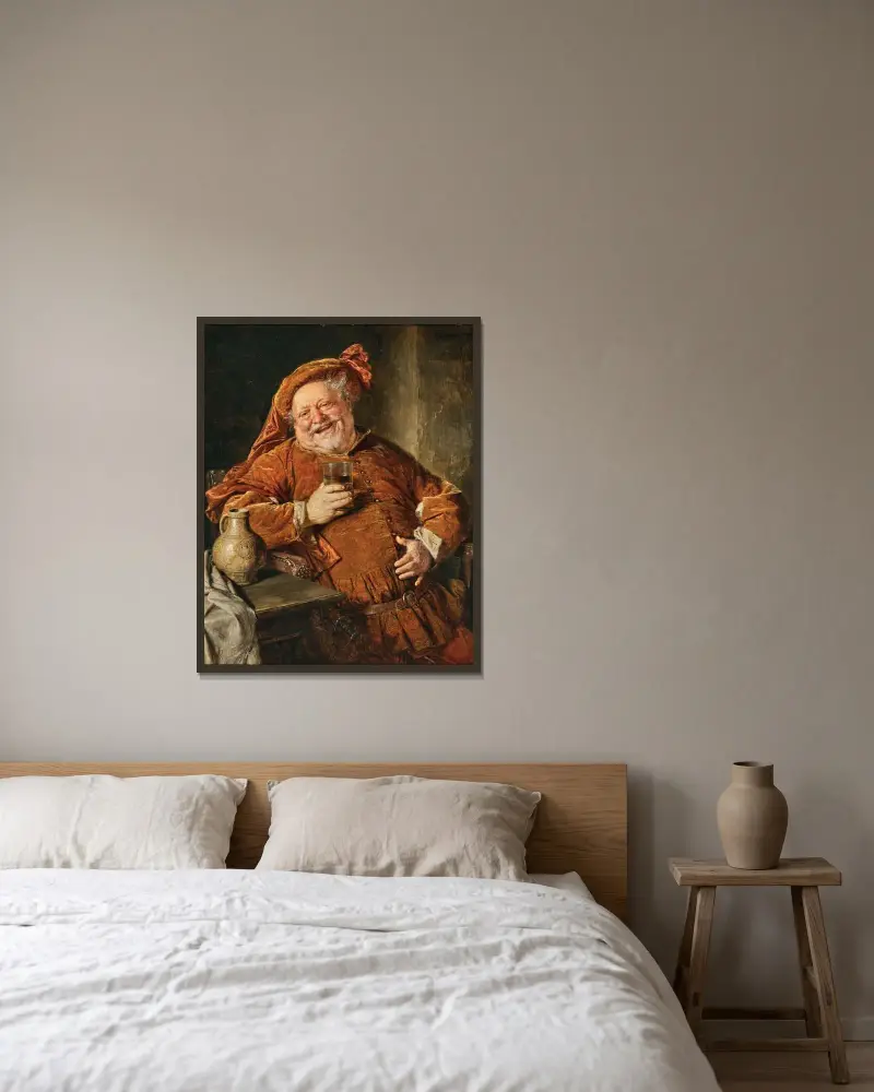 Falstaff med kanna och glas av Eduard von Grützner inramad på en vägg