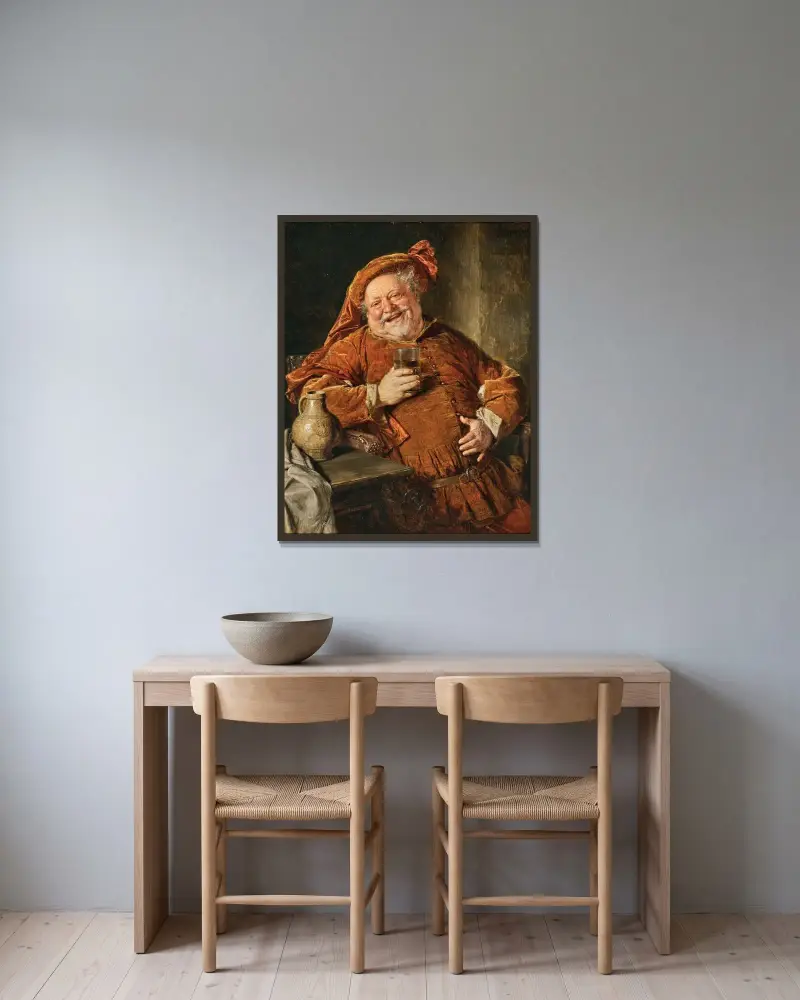 Falstaff med kanna och glas av Eduard von Grützner inramad på en vägg