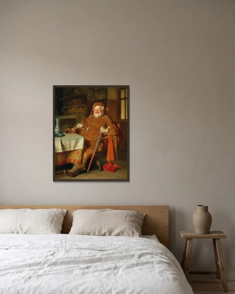 Falstaff med svärd, vinkanna och glas av Eduard von Grützner inramad på en vägg
