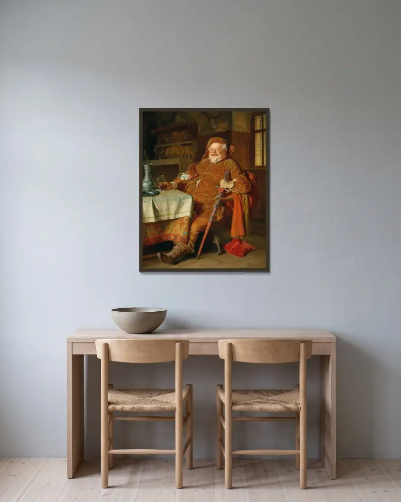 Falstaff med svärd, vinkanna och glas av Eduard von Grützner inramad på en vägg