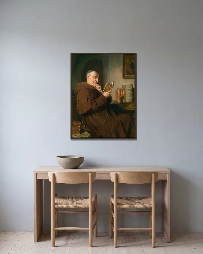 Čtoucí mnich s sklenicí vína, Eduard von Grützner v rámu na stěně